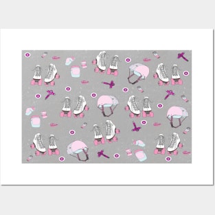 Classic Roller Skates Design with Gear in Pink, Blue, on Silver Digital Glitter Posters and Art